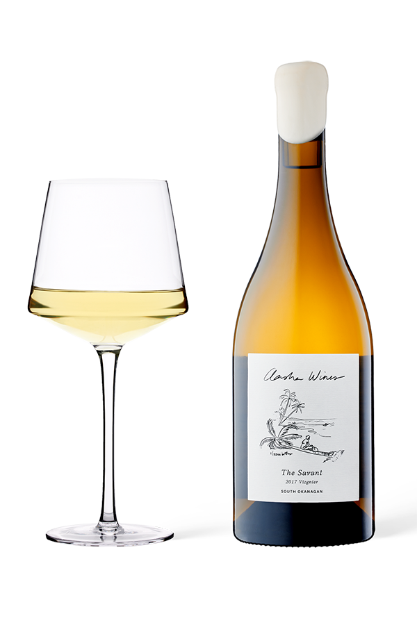 Aasha Wines - 2017 Viognier - The Savant - wine bottle with a glass of white wine